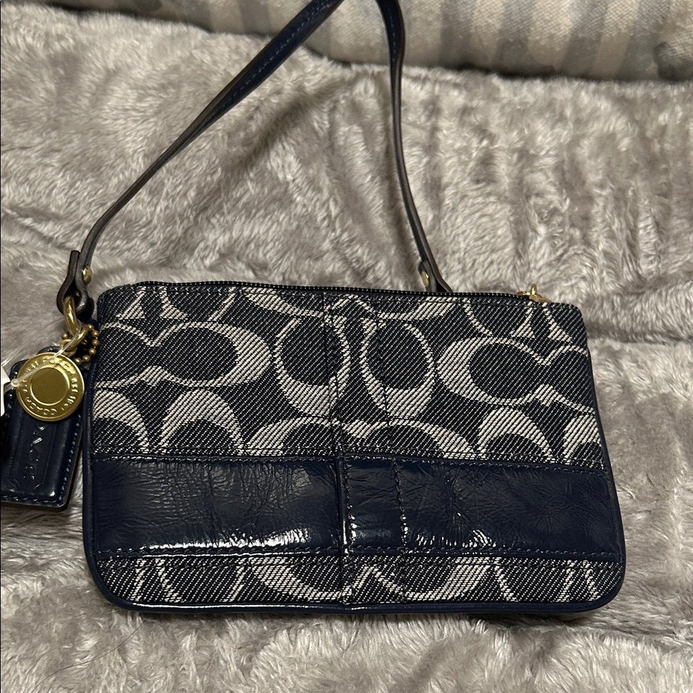 Coach Navy and Cream Signature Canvas Wristlet with Leather Trim